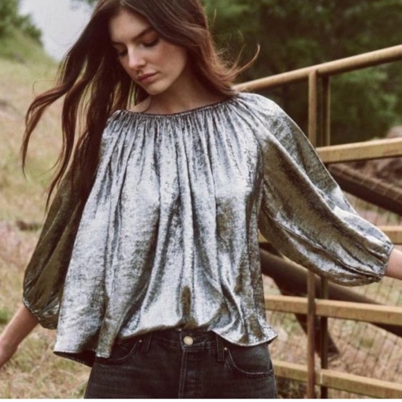 THE GREAT. Tops - THE GREAT.‎ Silver Metallic Palmette Top Blouse Size Small (The Great Size 1)